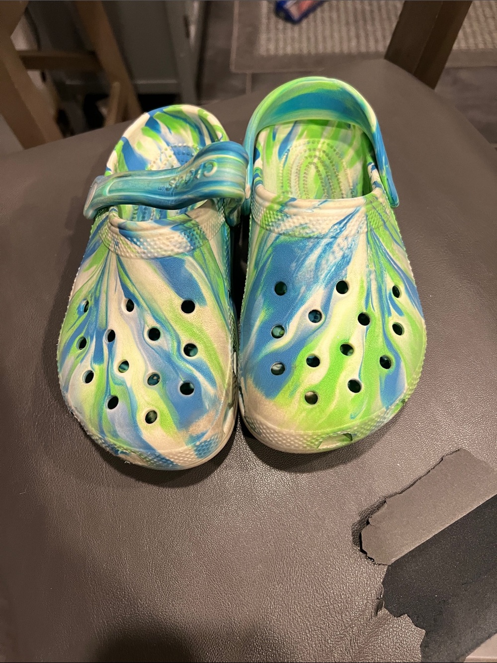 CROCS Kids Blue, Green & White Marbled Clogs
